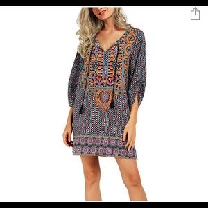 Women Bohemian Neck Tie Summer Shift Dress